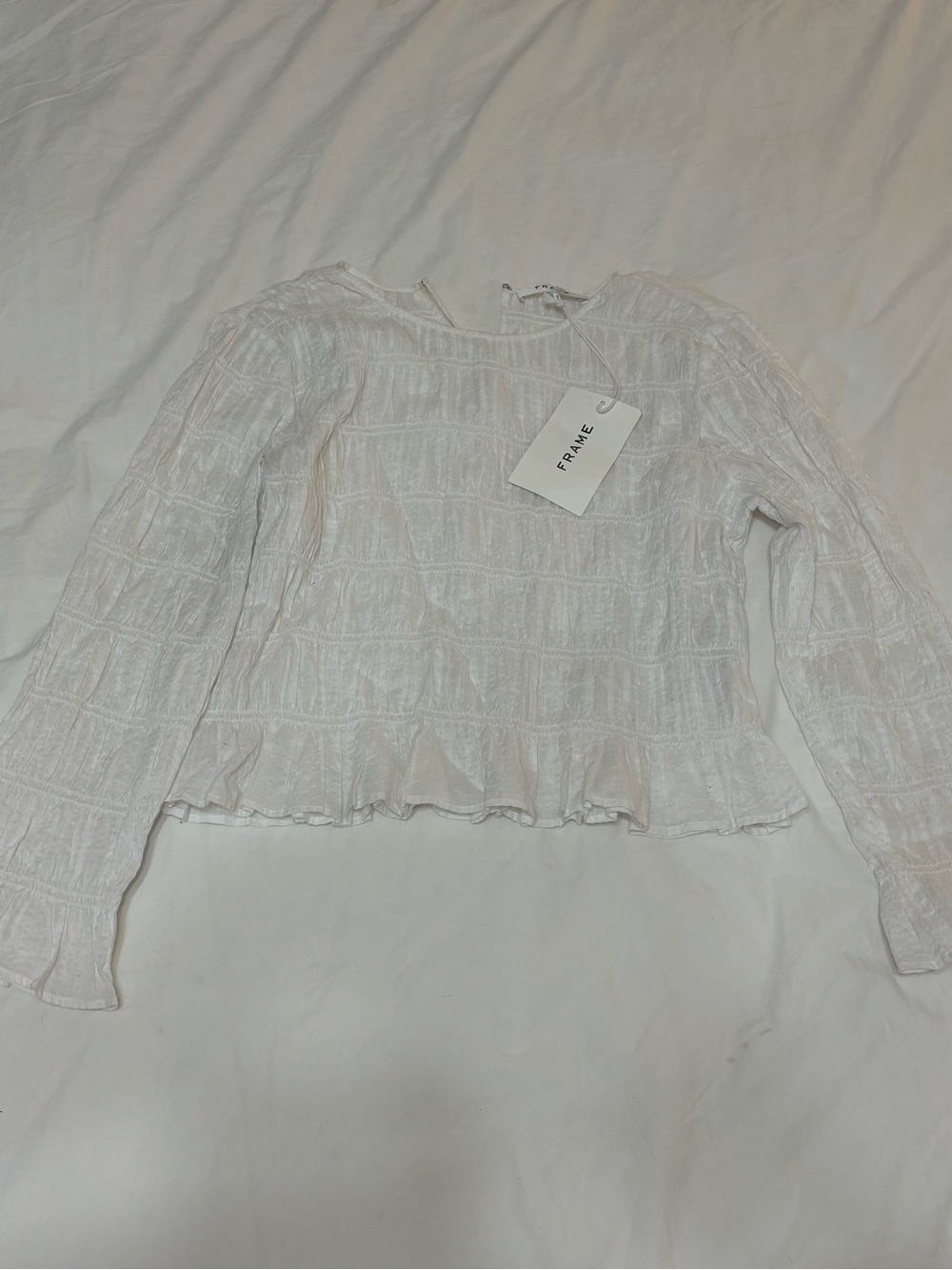Frame Denim White Textured Long-Sleeve Peplum Blouse